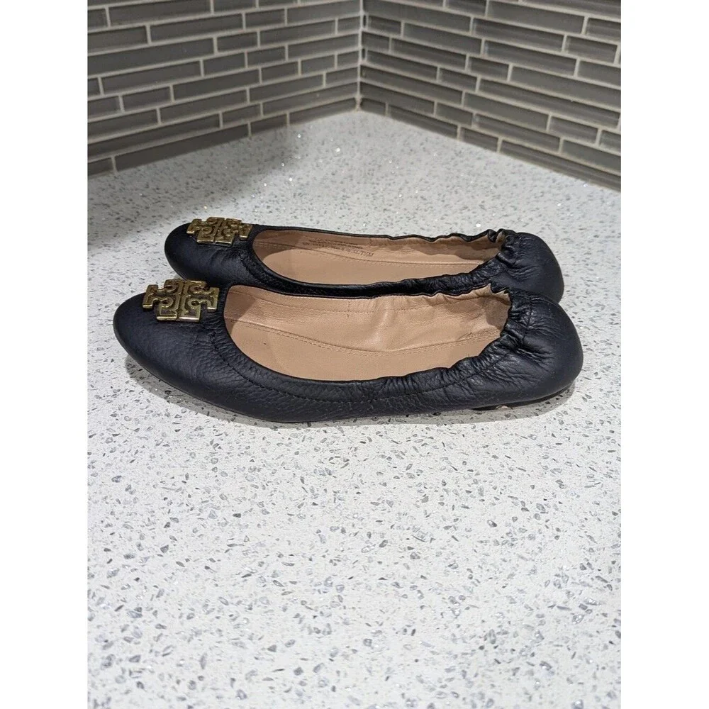 Tory Burch Melinda Ballet Flat Dark Navy Blue Gold Medallion Ladies Women 7.5